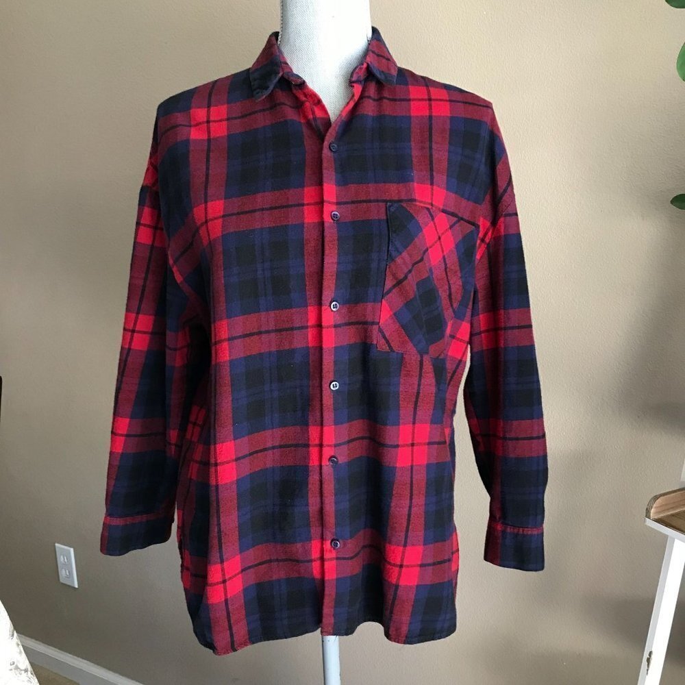 Zara Red & Blue Plaid Flannel Button Down‎ Shirt 3/4 Sleeves - Small